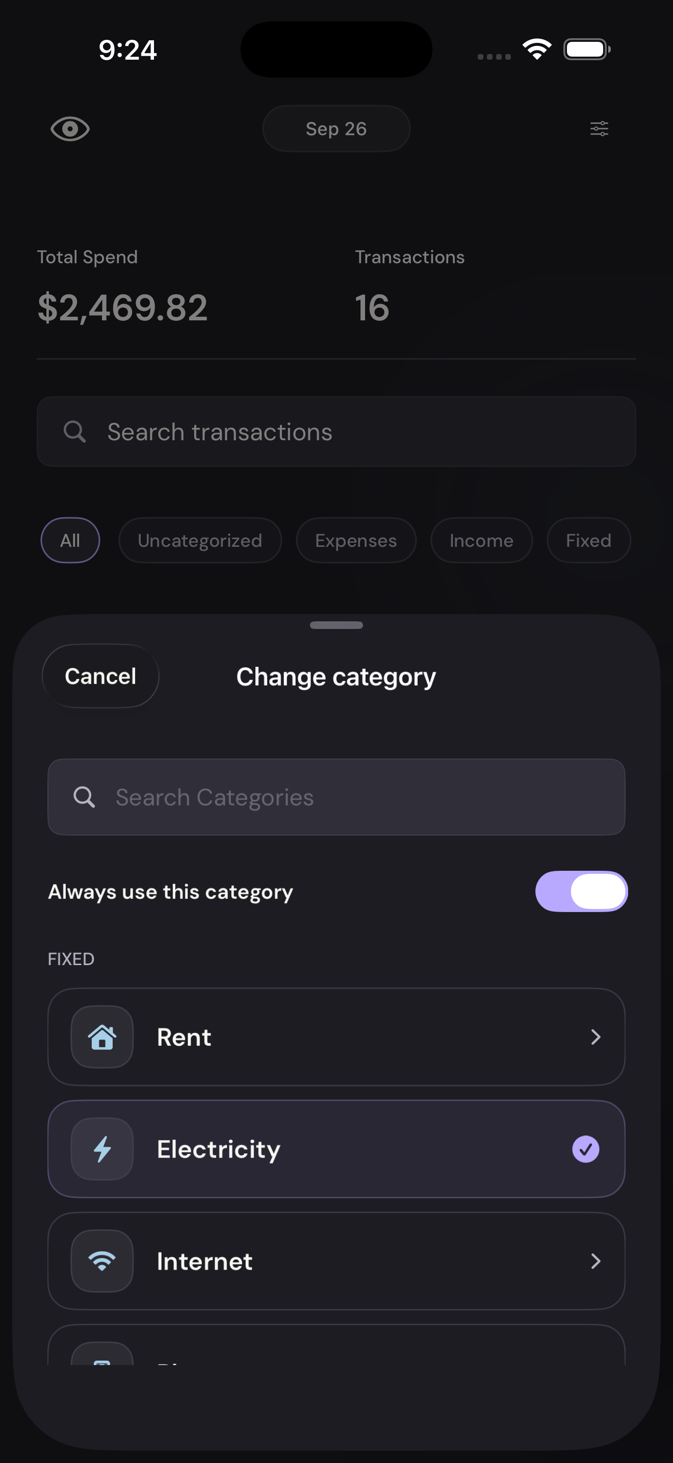 Vylo for iPhone: Choose a category. The relevant control is outlined.