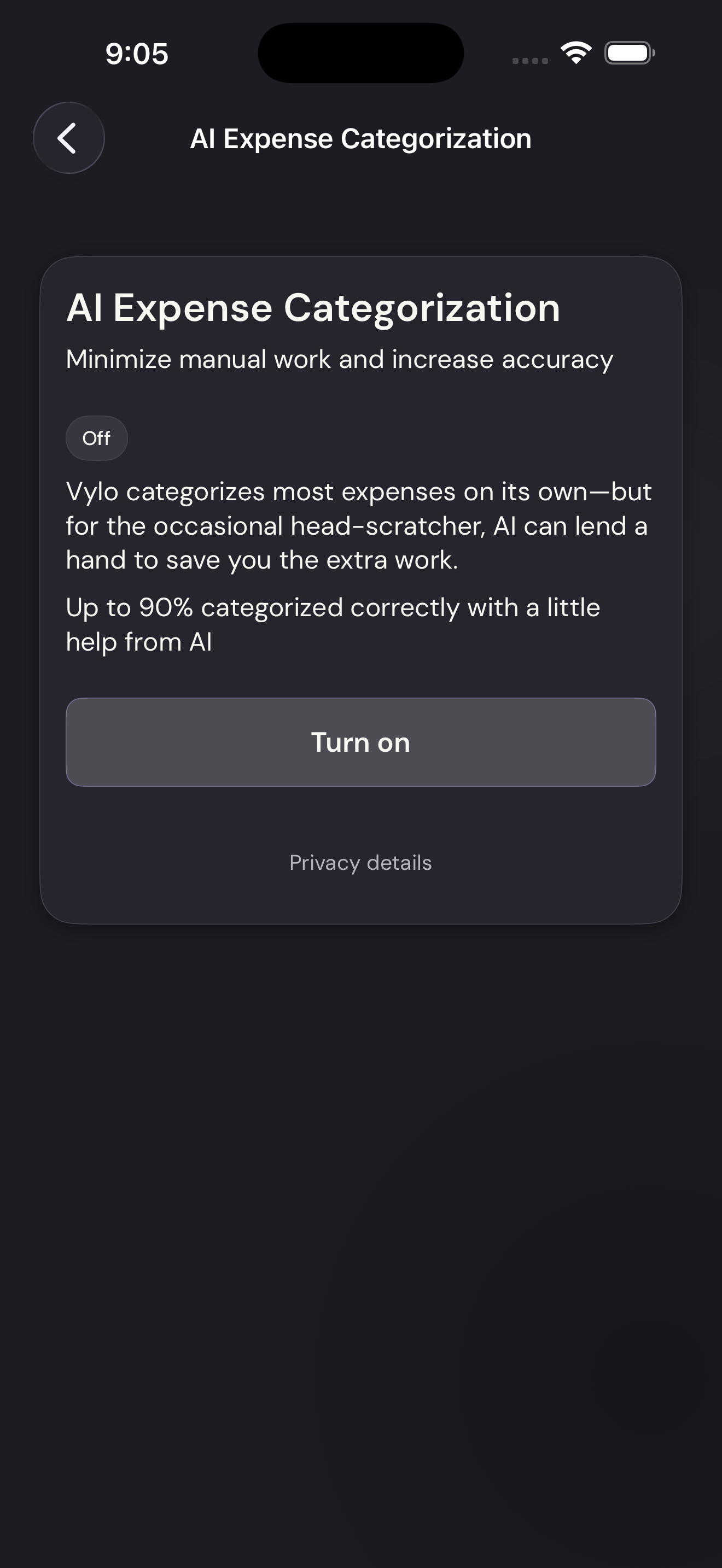 Vylo for iPhone: Read Privacy details. The relevant control is outlined.