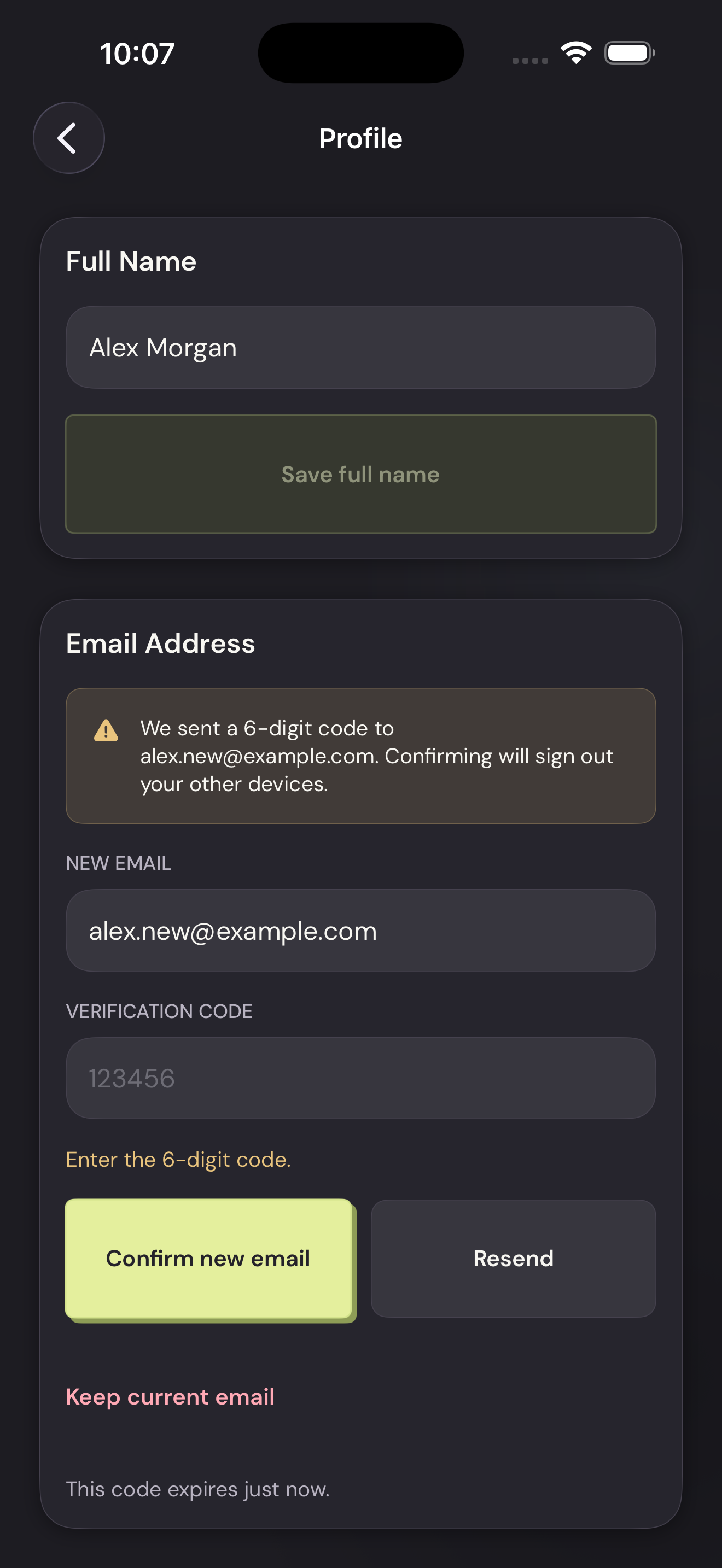 Vylo for iPhone: Confirm the code. The relevant control is outlined.