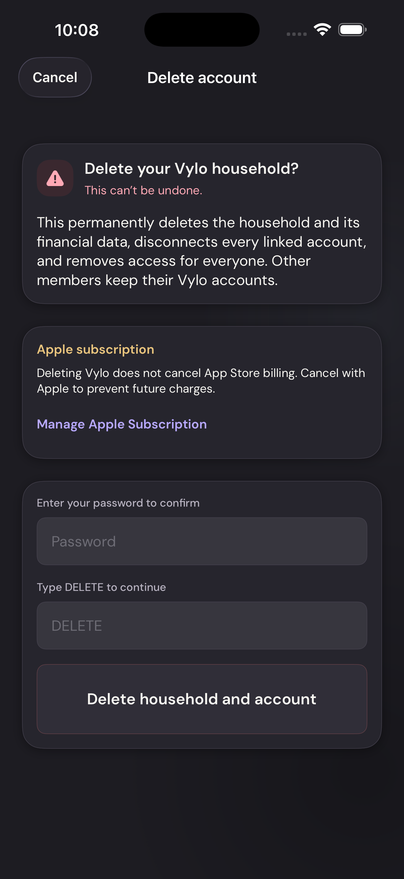 Vylo for iPhone: Check the household and subscription warnings. The relevant control is outlined.