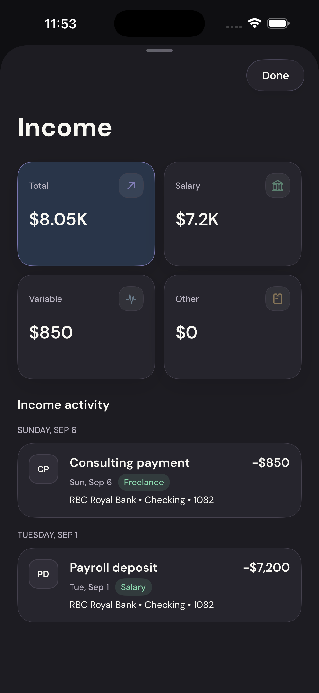 Vylo for iPhone: Check the payments and their categories. The relevant area is outlined.