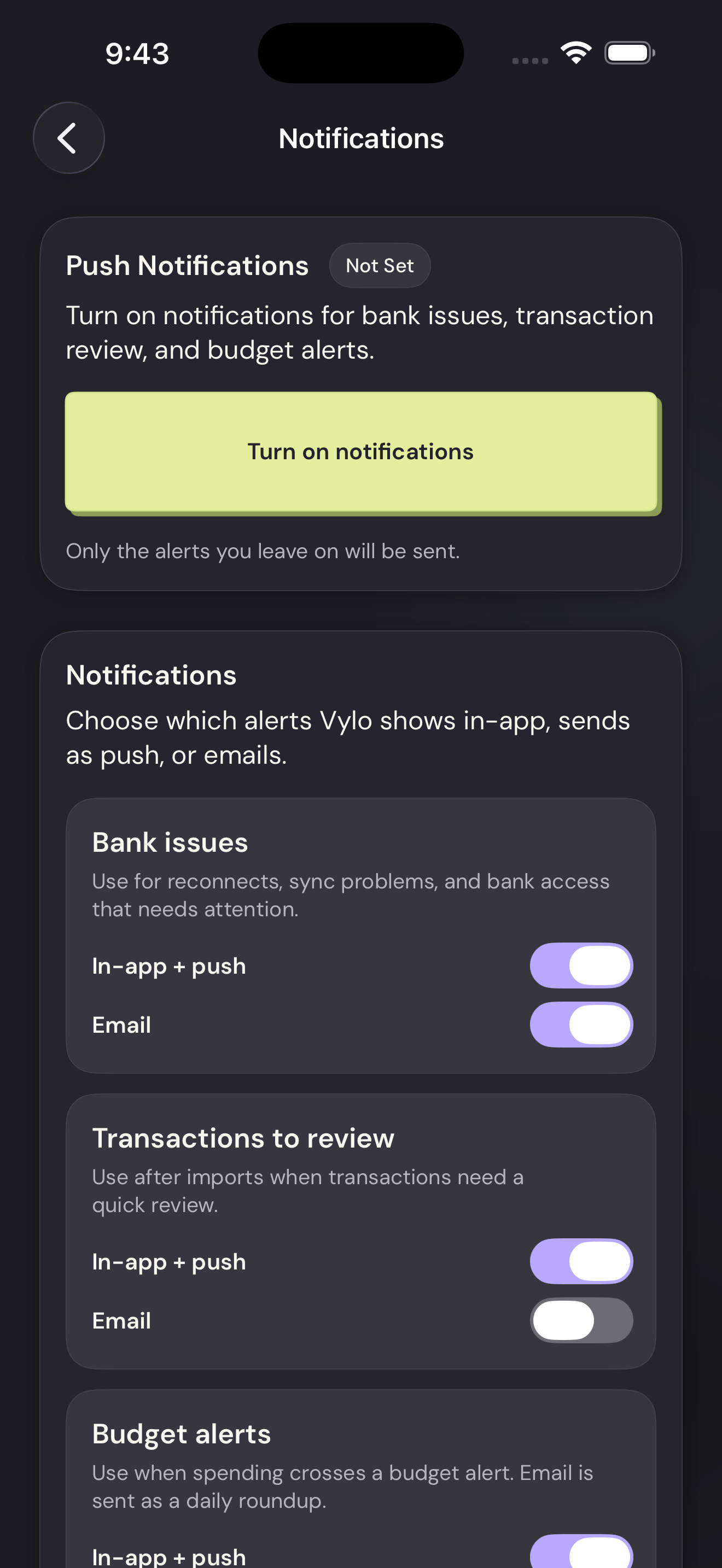 Vylo for iPhone: Choose the alerts. The relevant control is outlined.