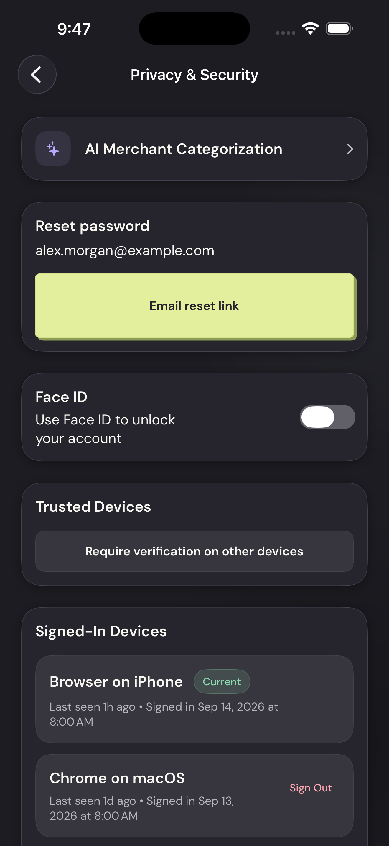 Vylo for iPhone: Open AI Merchant Categorization. The relevant control is outlined.