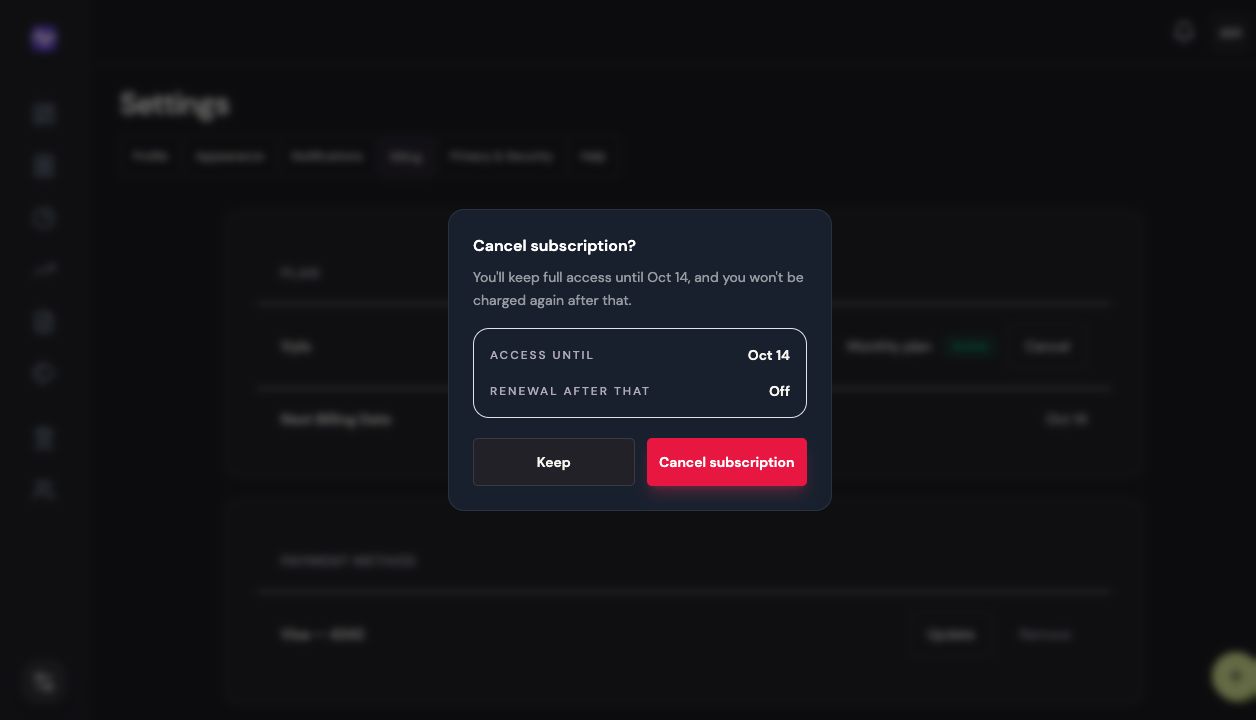 Vylo on the web: Confirm cancellation. The relevant control is outlined.