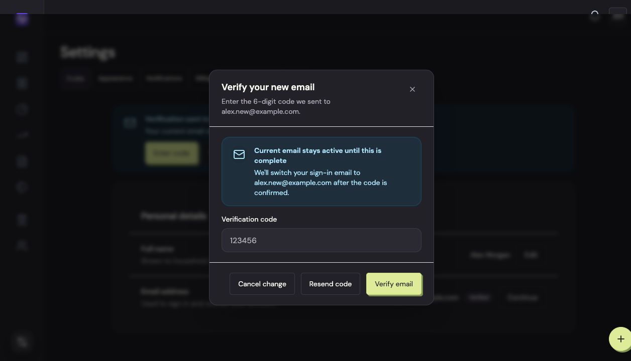 Vylo on the web: Verify the new address. The relevant control is outlined.