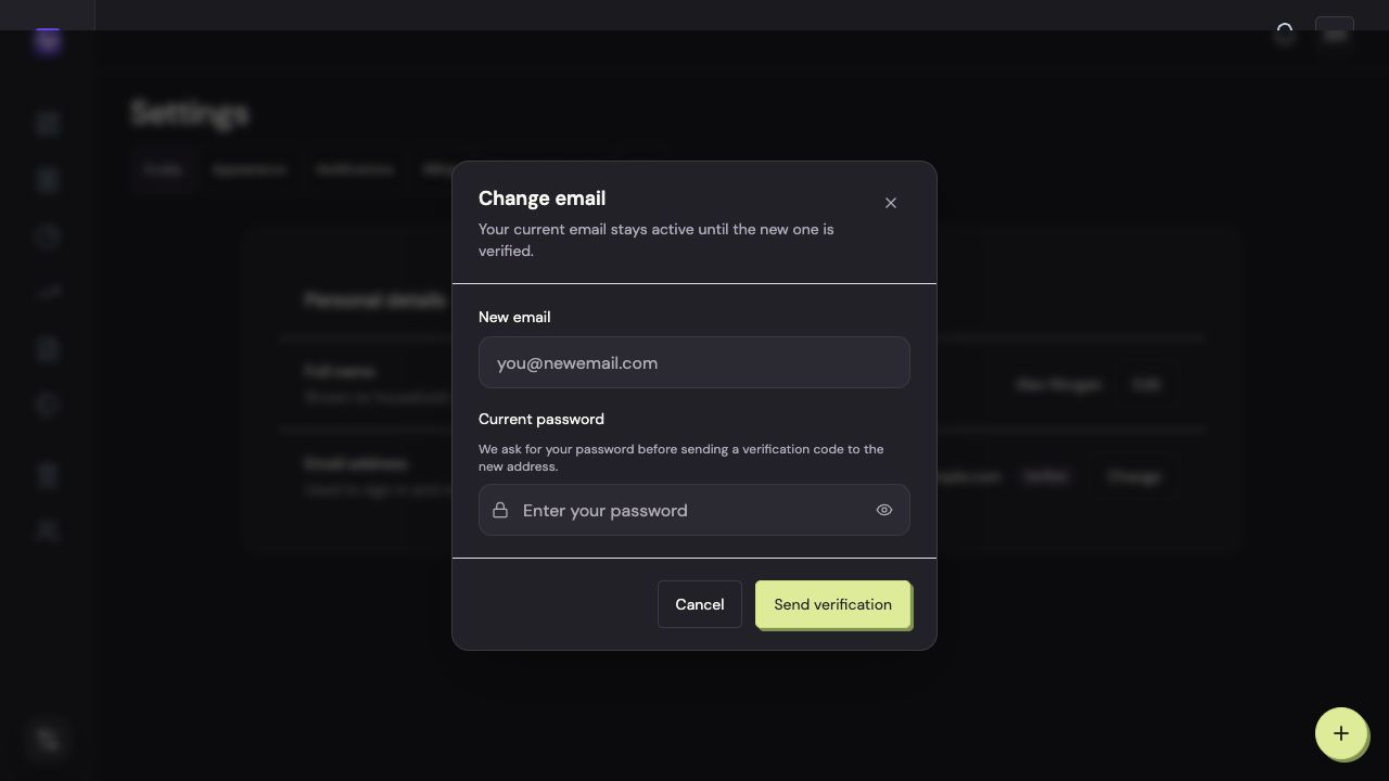 Vylo on the web: Enter the new email and current password. The relevant control is outlined.