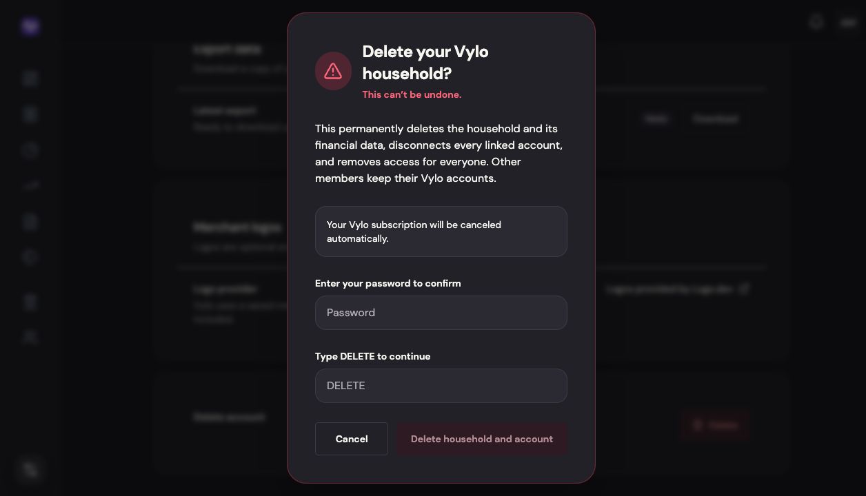 Vylo on the web: Read what will be deleted. The relevant control is outlined.