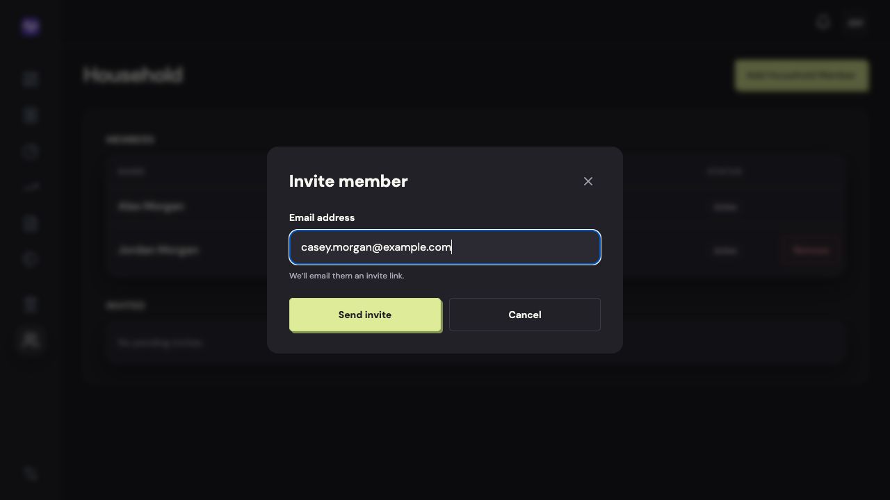 Vylo on the web: Send the invitation. The relevant control is outlined.
