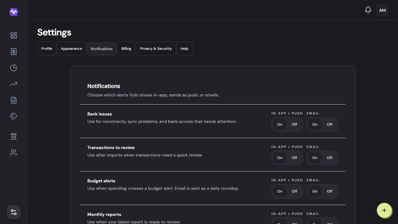 Vylo on the web: Open Notifications. The relevant control is outlined.