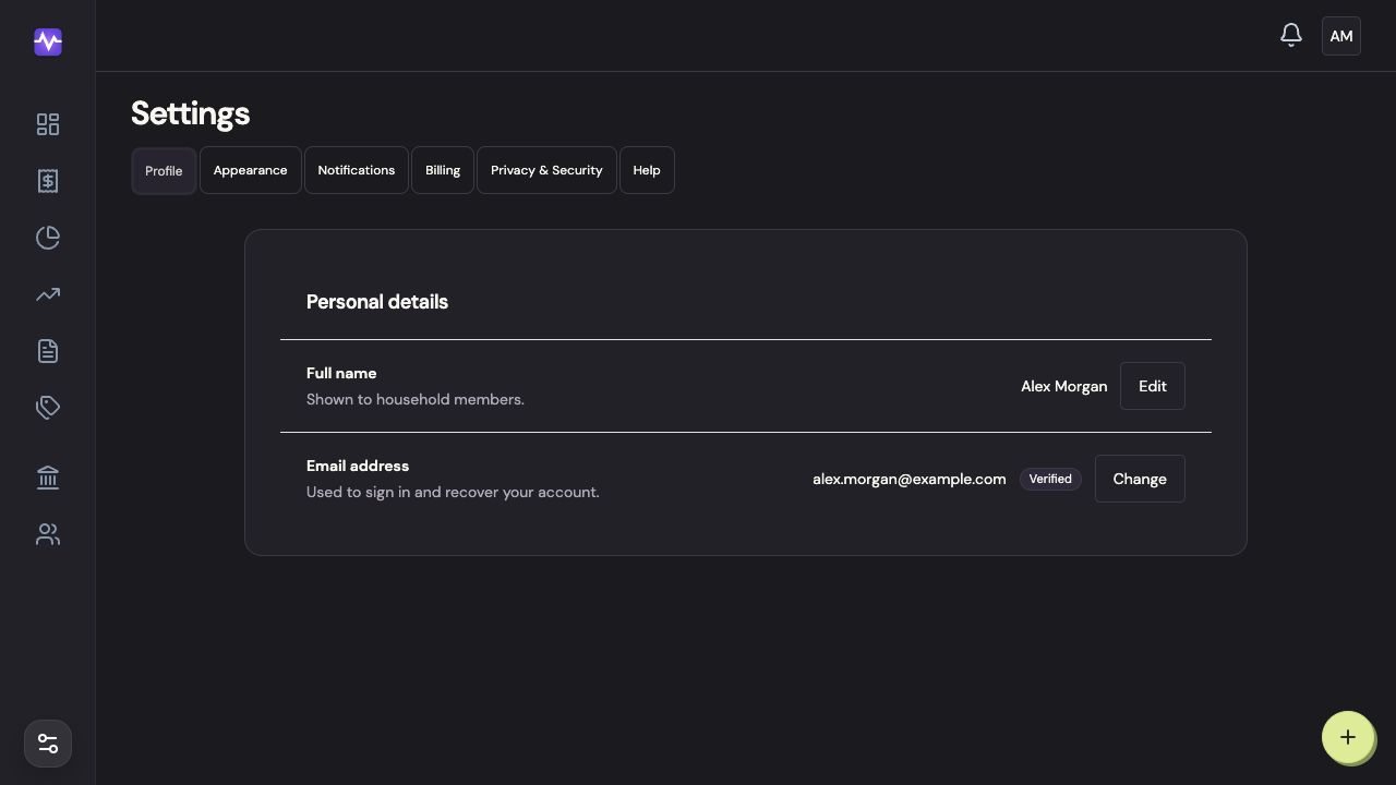 Vylo on the web: Open Profile. The relevant control is outlined.