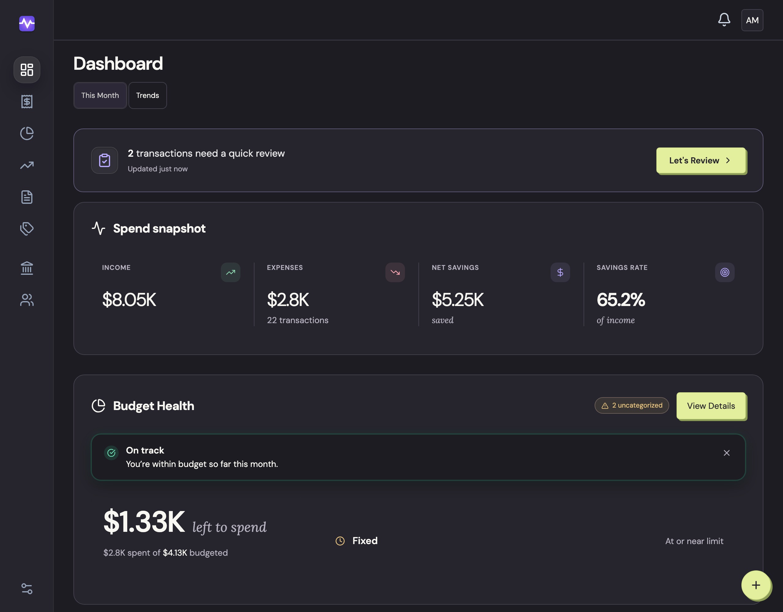 The current Vylo dashboard showing a demo household’s income, spending, savings, and budget health.